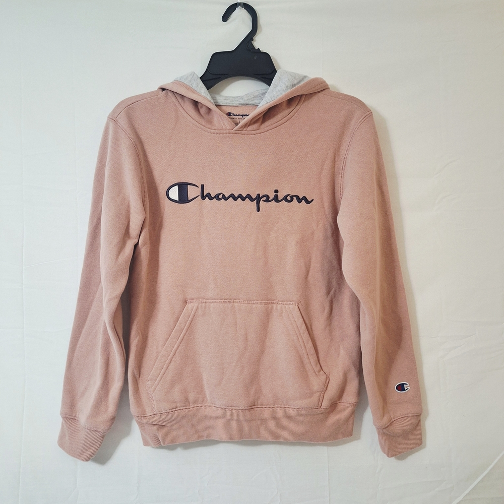 Champion Hoodie Pink Gray Girls L Embroidered Spellout Desert Stone Athleisure